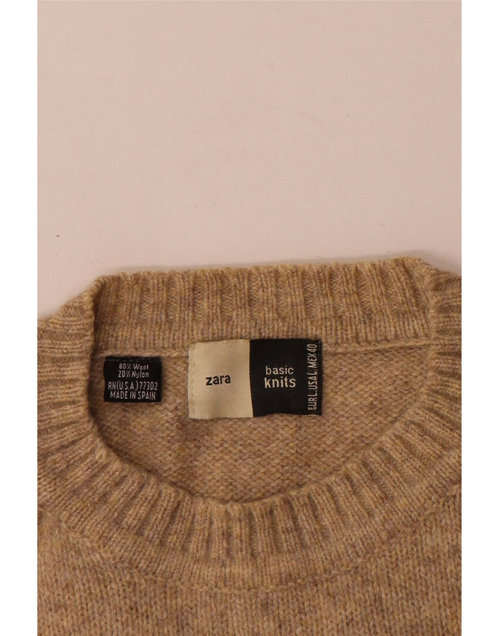 Zara Herren-Pullover mit Rundhalsausschnitt, groß, beige gesprenkelte Wolle