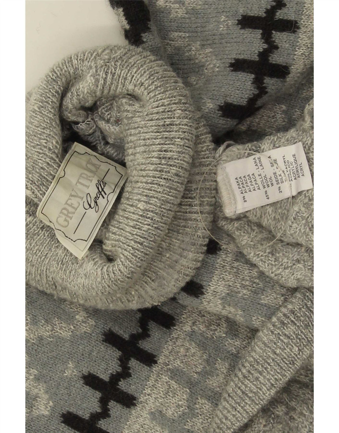 Vintage Herren-Pullover mit Rollkragen, groß, graue Fair-Isle-Alpakawolle
