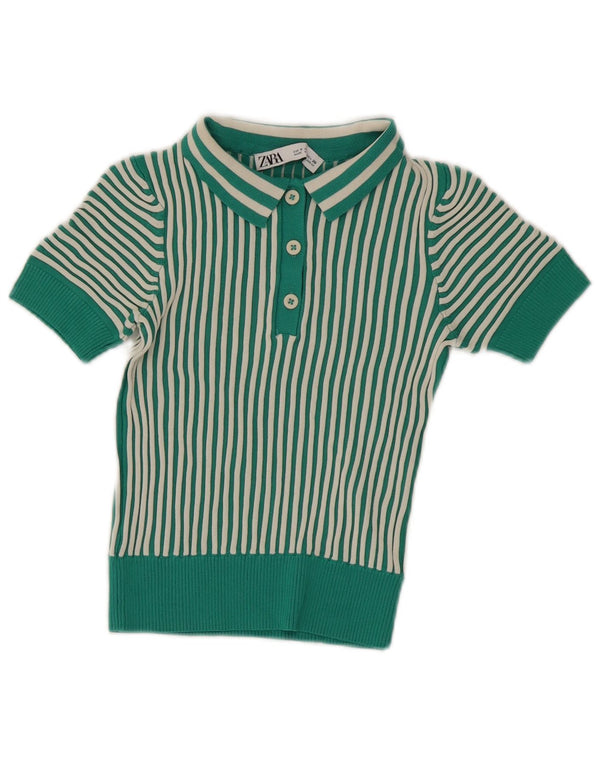 Zara Damen Crop Poloshirt UK 8 Small Grün gestreift Viskose