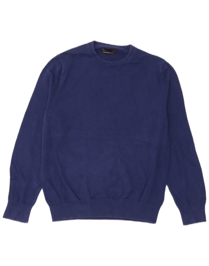Massimo Dutti Herren-Pullover mit Rundhalsausschnitt, mittelblaue Baumwolle