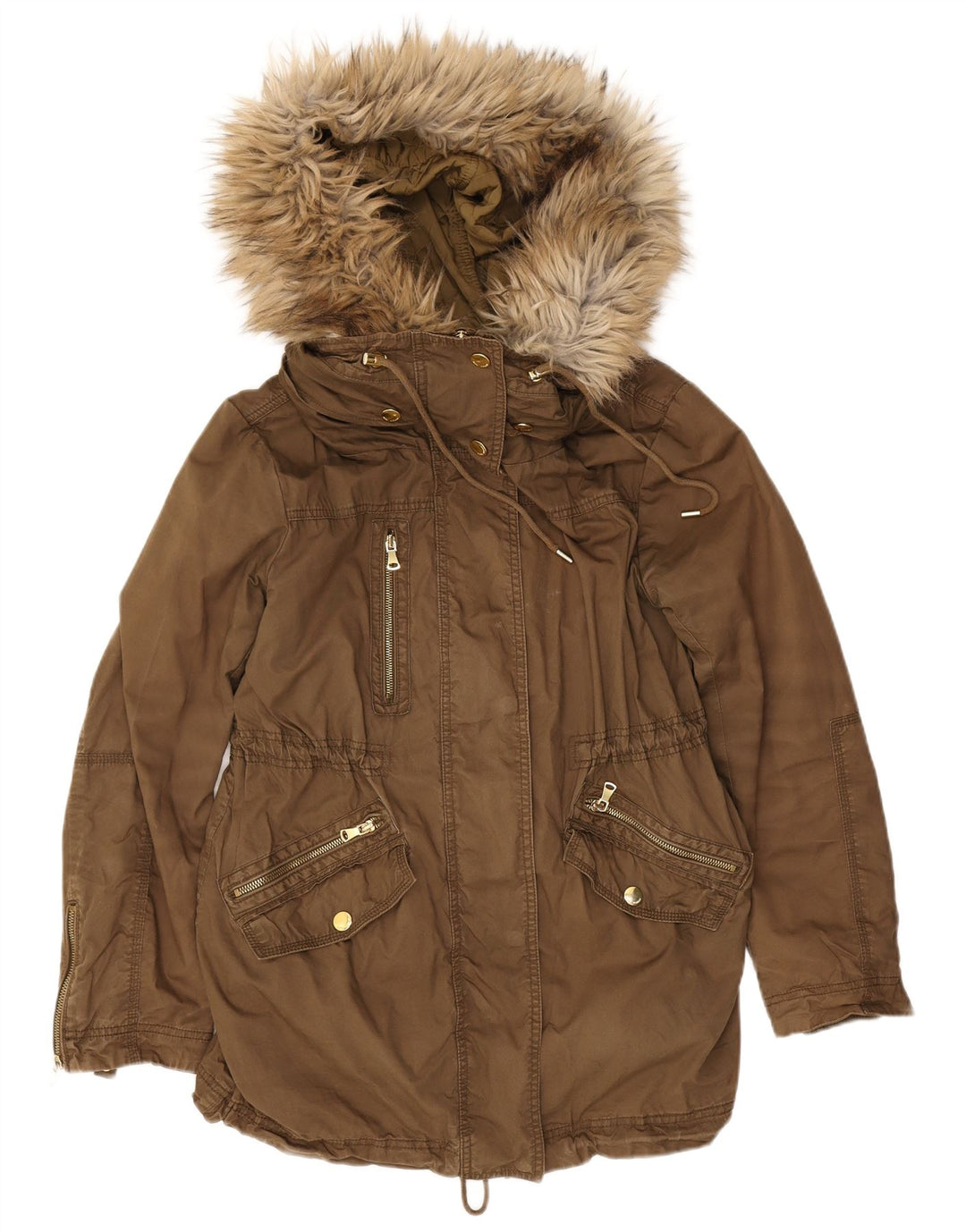 Zara Damen-Parka mit Kapuze, UK 14, mittleres Khaki, Polyester