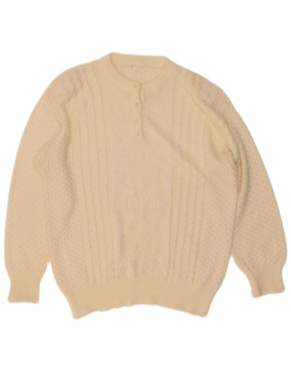 Vintage Damen-Pullover mit Knopfkragen, Gr. 16, groß, gebrochenes Weiß