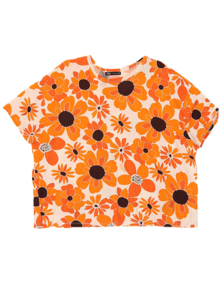 ZARA Damen T-Shirt Top UK 16 Large Orange Floral