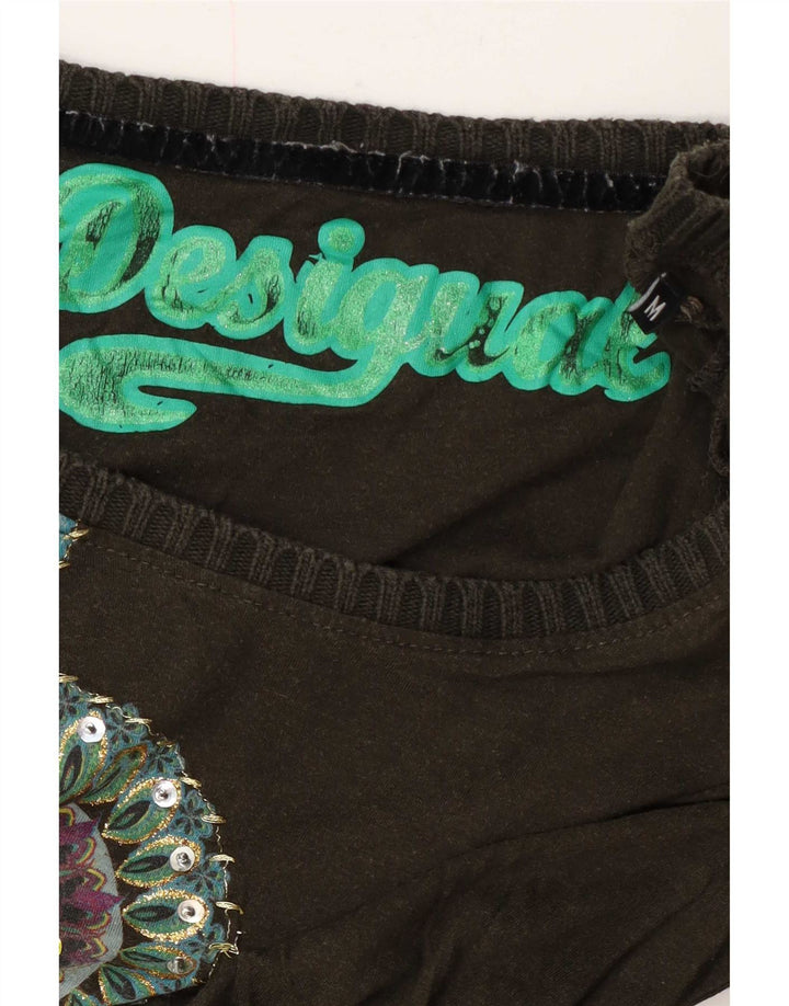 Desigual Damen Graphic Top Langarm UK 12 Medium Schwarz Blumenmuster