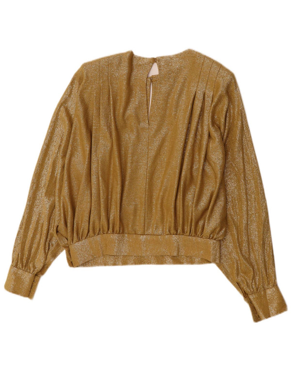 Vintage Damen Crop Langarm Bluse Top UK 12 Medium Gold