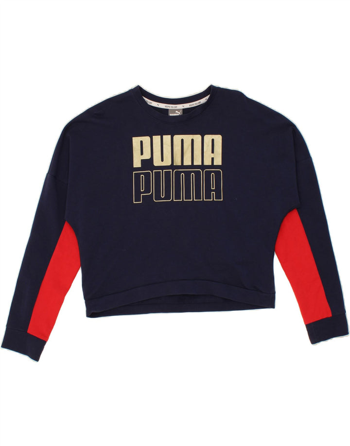 PUMA Womens Oversized Graphic Sweatshirt Jumper UK 10 Small  Navy Blue Vintage Puma and Second-Hand Puma from Messina Hembry 