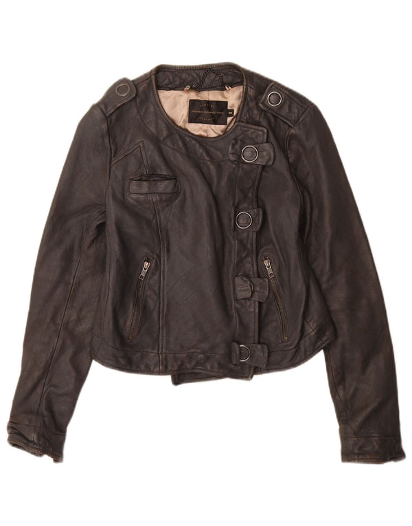 French Connection Damen-Militär-Crop-Jacke UK 10 Small aus schwarzem Leder