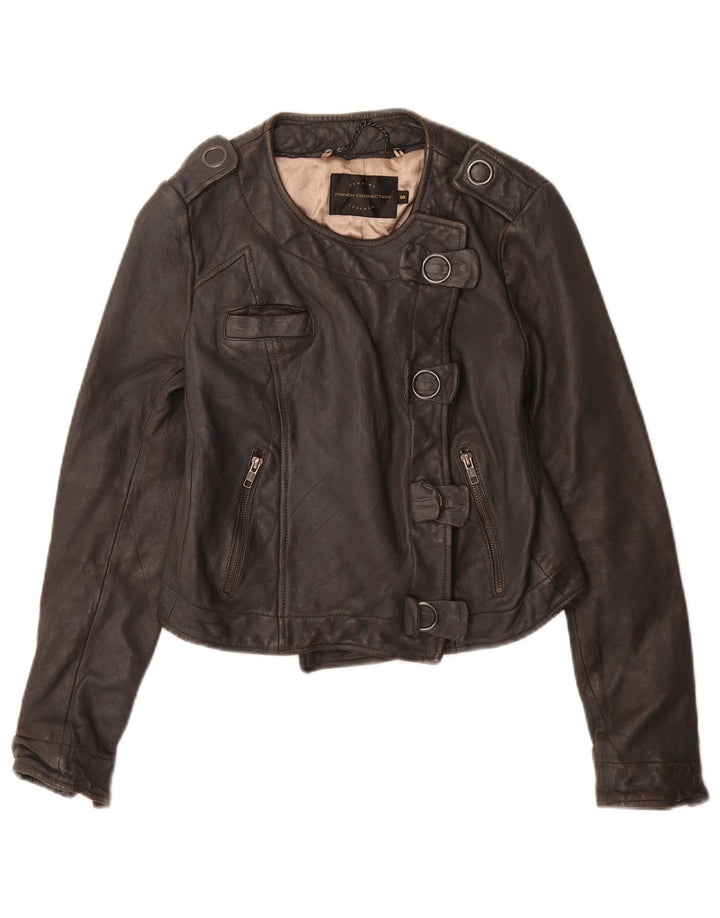 French Connection Damen-Militär-Crop-Jacke UK 10 Small aus schwarzem Leder