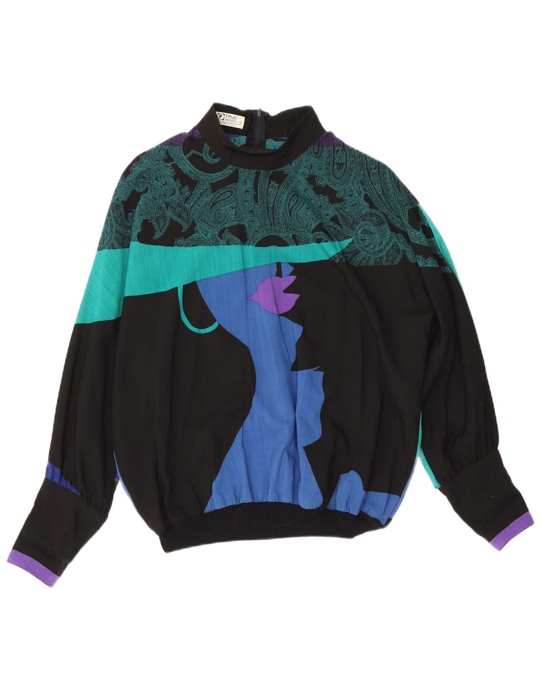 Fink Damen-Langarm-Oversize-Blusenoberteil, UK-Größe 44, Größe L, schwarze Paisley-Wolle