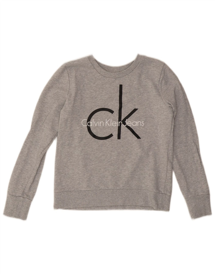 CALVIN KLEIN JEANS Damen Crop Graphic Sweatshirt Pullover UK 10 Small Grau