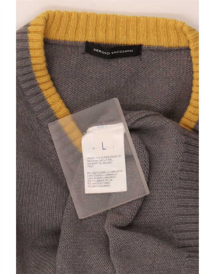 Sergio Tacchini Herren-Pullover mit V-Ausschnitt, große grau gestreifte Wolle