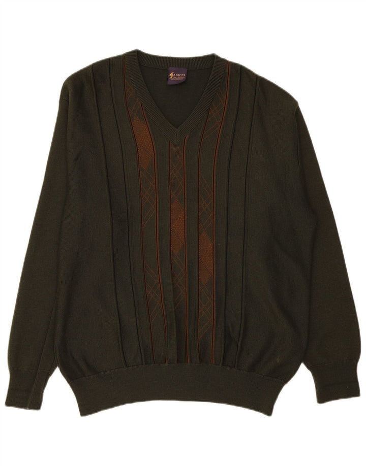 Gabicci Herren-Pullover mit V-Ausschnitt, groß, Khaki, gestreift, Wolle