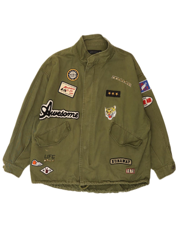 Zara Womens Graphic Oversized Bomberjacke UK 14 Medium Khaki Baumwolle