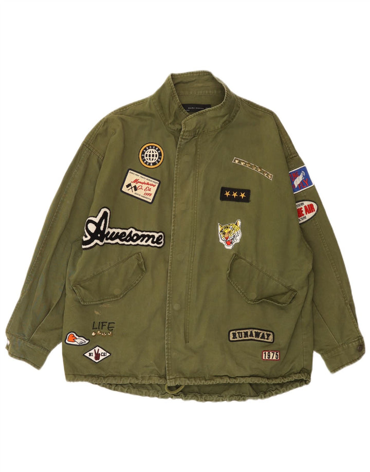 Zara Womens Graphic Oversized Bomberjacke UK 14 Medium Khaki Baumwolle