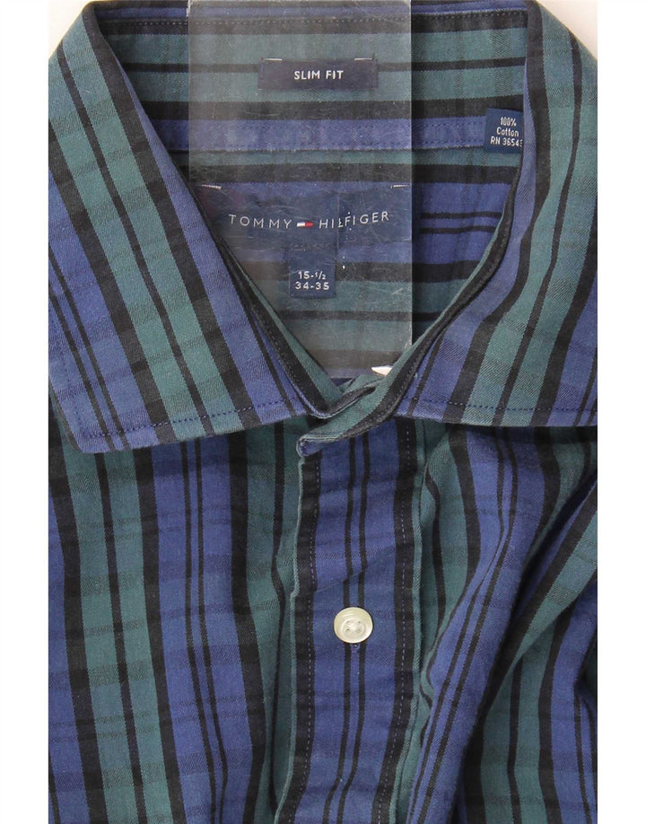 Tommy Hilfiger Herren-Slim-Fit-Hemd, Größe 15 1/2, mittelblau karierte Baumwolle