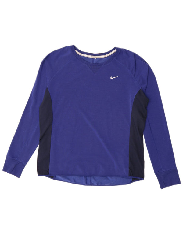 Nike Damen Dri Fit Top Langarm UK 16 Large Blue Colourblock Lyocell