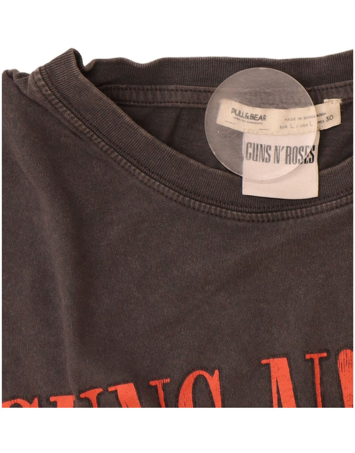Pull & Bear Herren-T-Shirt „Guns & Roses“ mit Grafik, Größe L, aus grauer Baumwolle