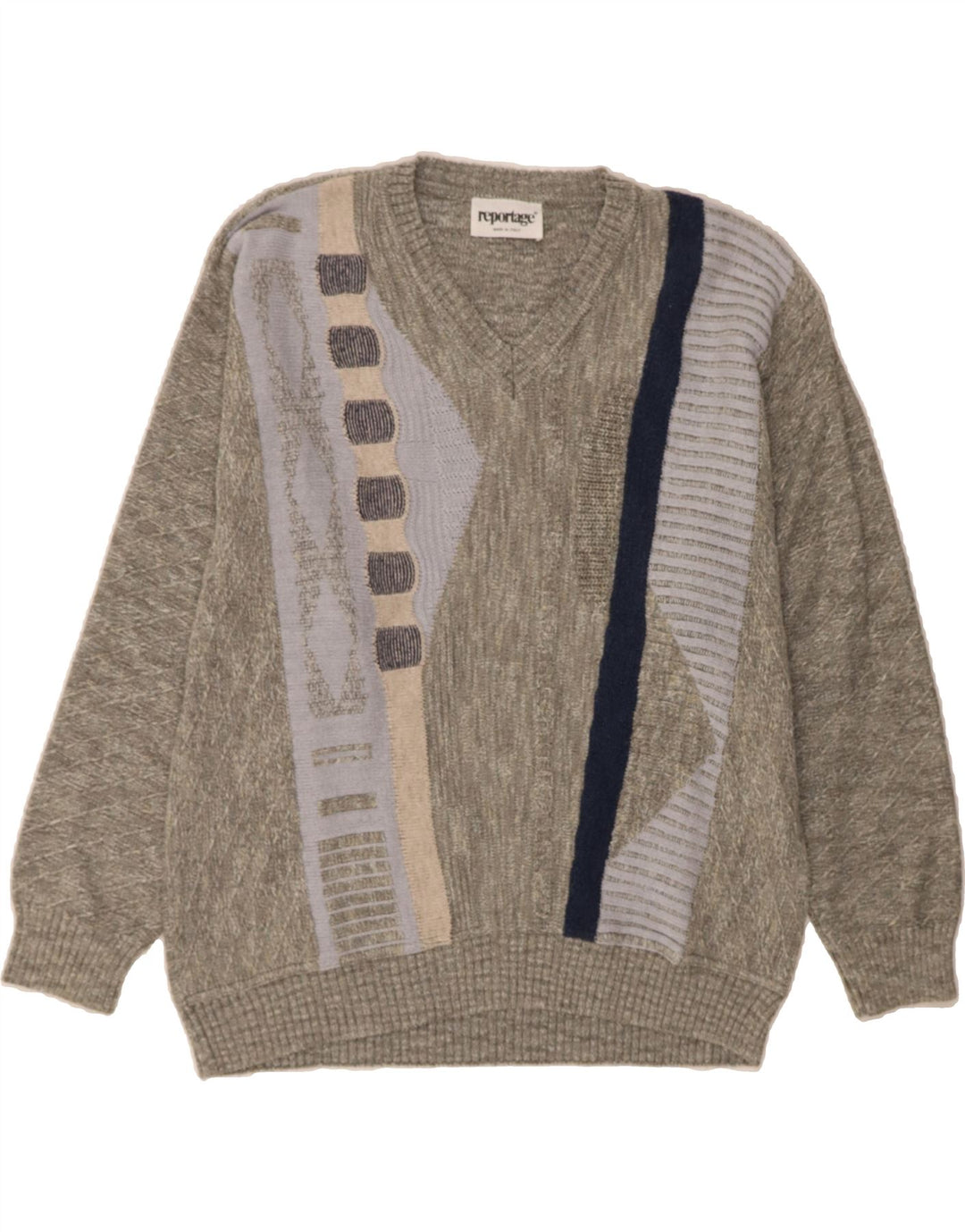 REPORTAGE Mens V-Neck Jumper Sweater IT 52 Large Grey Geometric Cotton Vintage Reportage and Second-Hand Reportage from Messina Hembry 