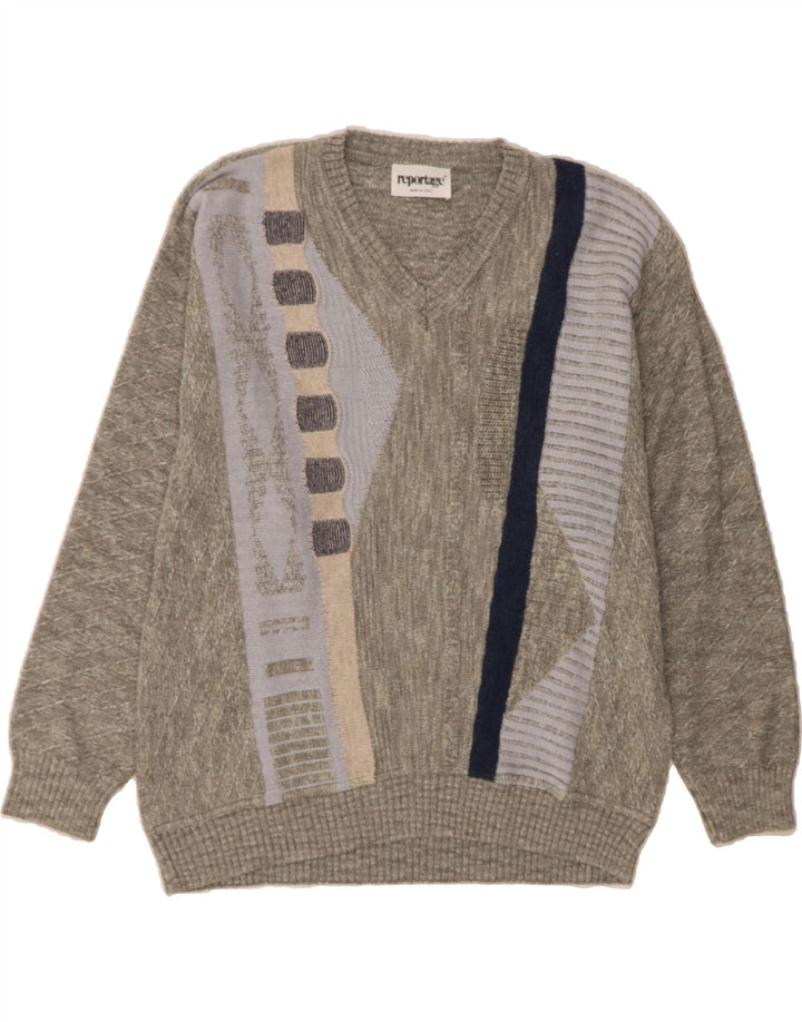 REPORTAGE Mens V-Neck Jumper Sweater IT 52 Large Grey Geometric Cotton Vintage Reportage and Second-Hand Reportage from Messina Hembry 