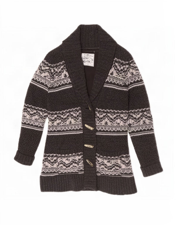 Fat Face Damen-Cardigan-Pullover UK 12 Mittelgraue Fair-Isle-Lammwolle