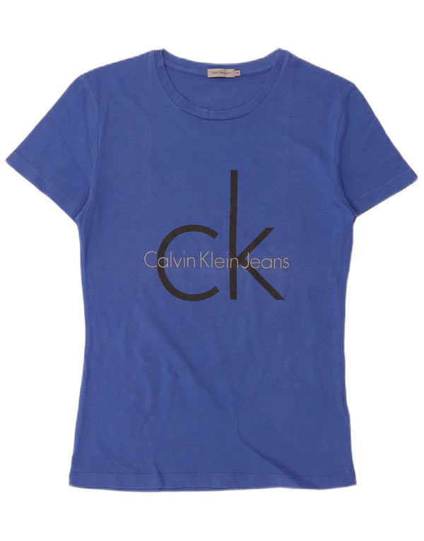 CALVIN KLEIN JEANS Damen Grafik T-Shirt Top UK 12 Mittelblaue Baumwolle