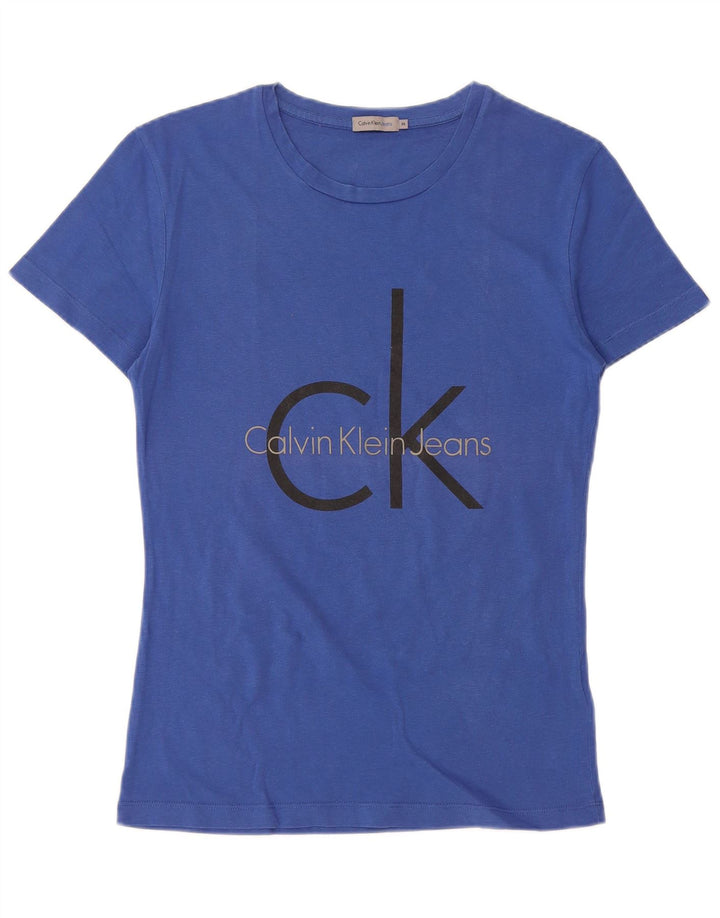 CALVIN KLEIN JEANS Damen Grafik T-Shirt Top UK 12 Mittelblaue Baumwolle
