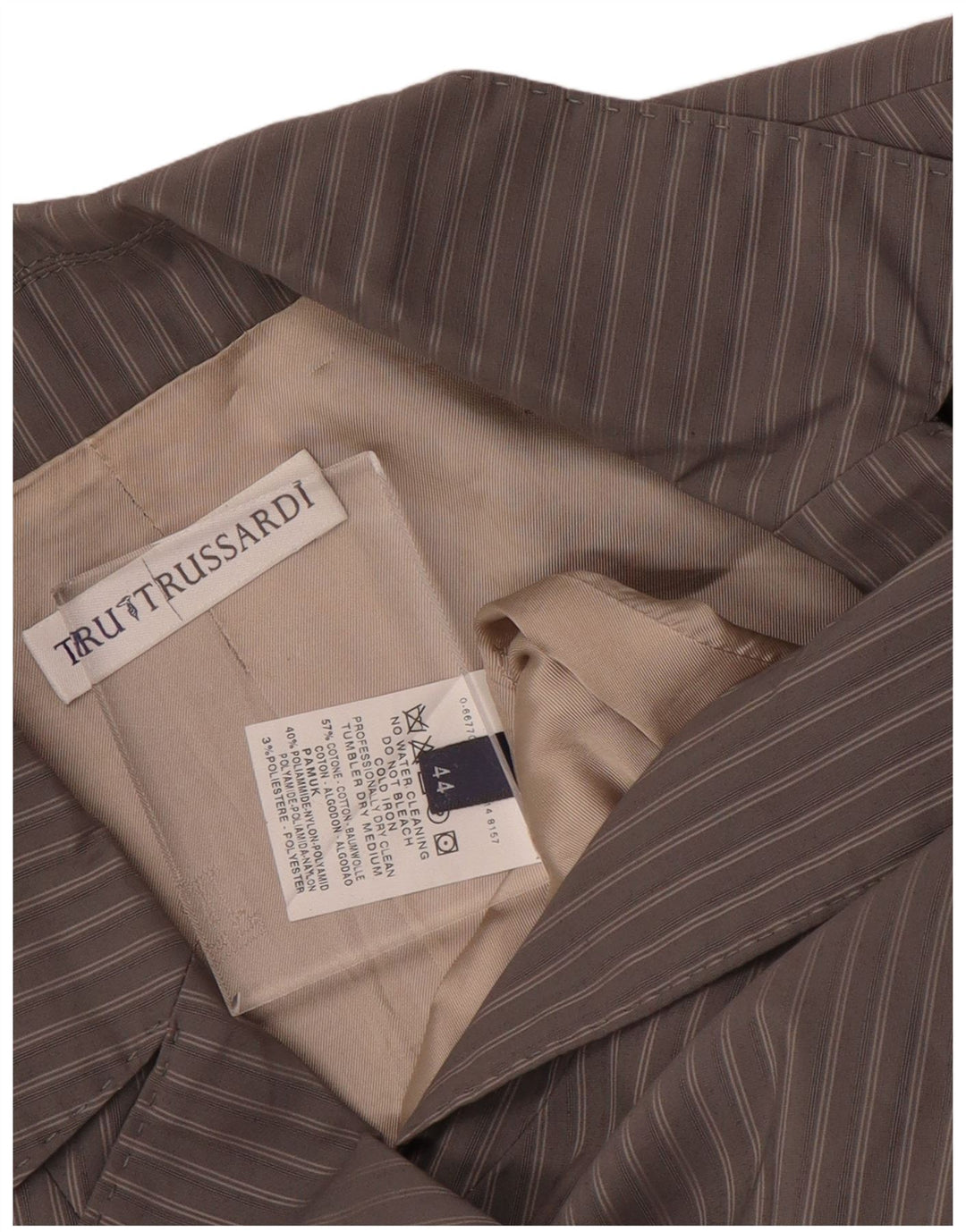 TRUSSARDI Damen 2-Knopf-Blazerjacke IT 44 mittelgraue Nadelstreifen-Baumwolle