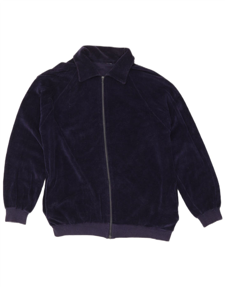 VINTAGE Damen Trainingsanzug Top Jacke UK 16 Große marineblaue Baumwolle