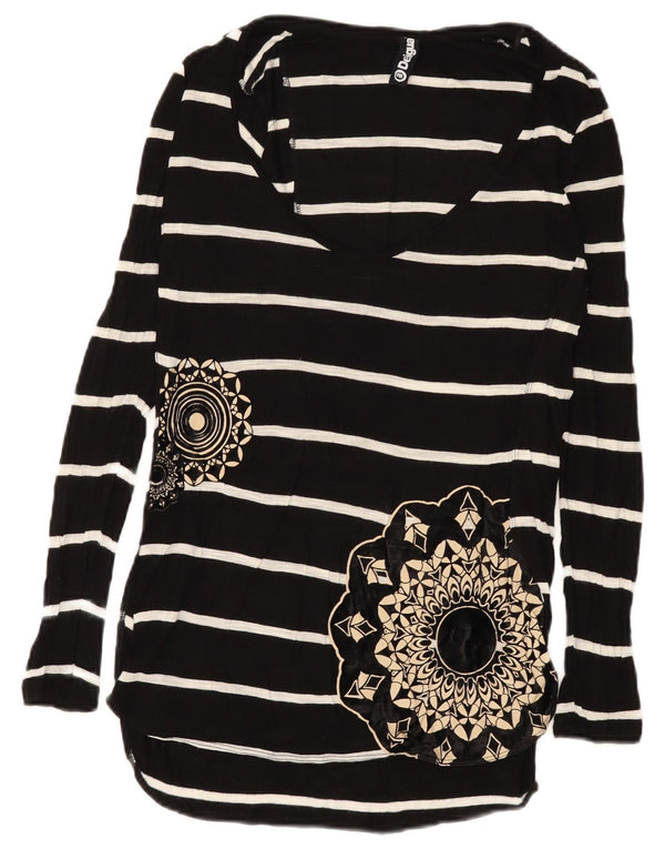 Desigual Damen Grafik-Langarm-Tunika-Top UK 12 Medium Schwarz gestreift
