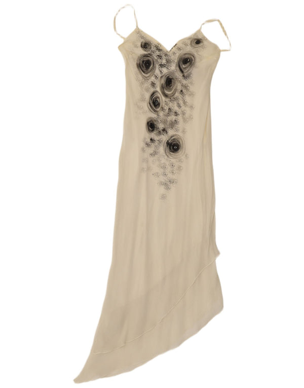 Vintage Damen Asymmetrisches Maxikleid UK 12 Medium Off White Floral