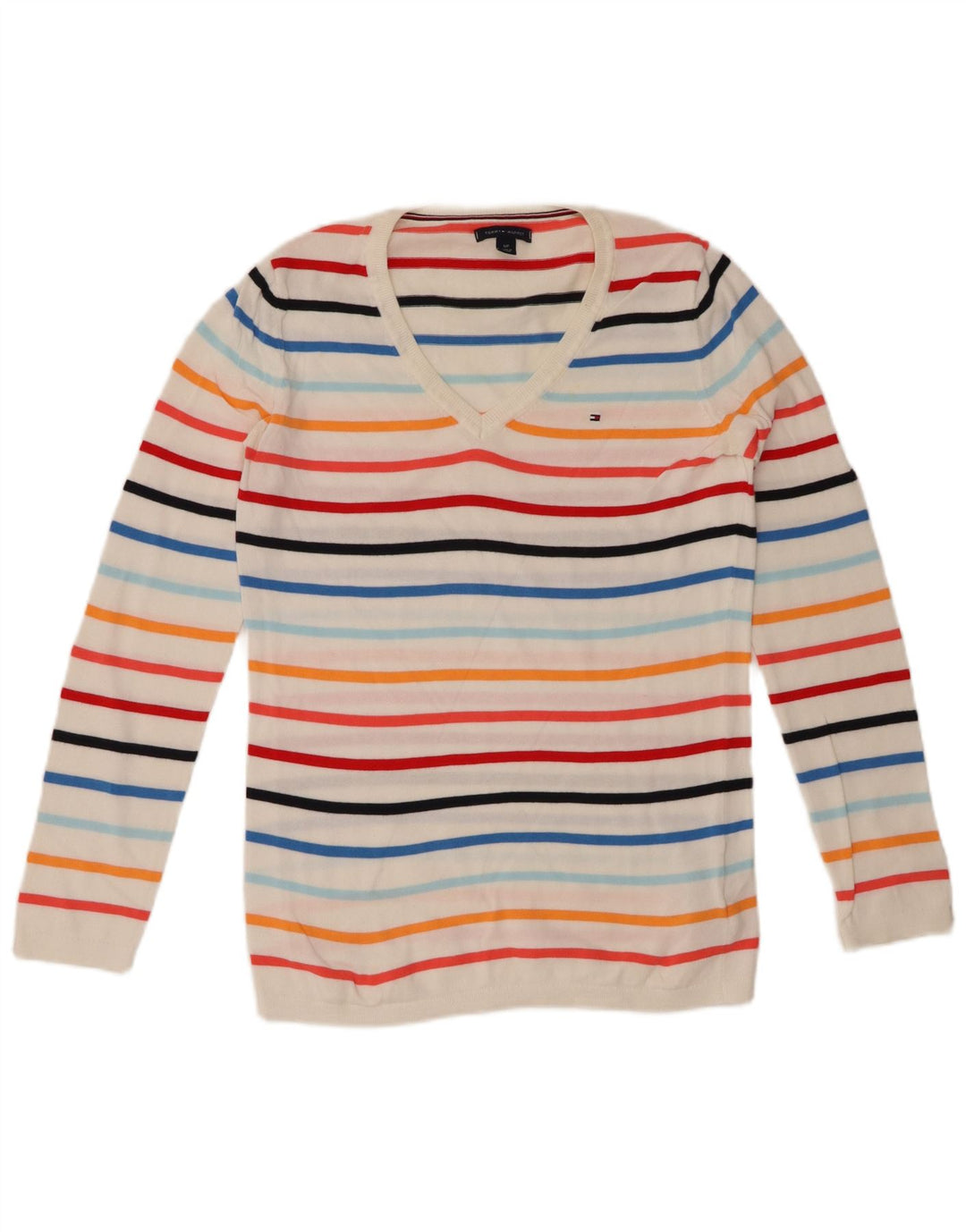 TOMMY HILFIGER Damen-Pullover mit V-Ausschnitt, Gr. 10, Größe S, weiß gestreift