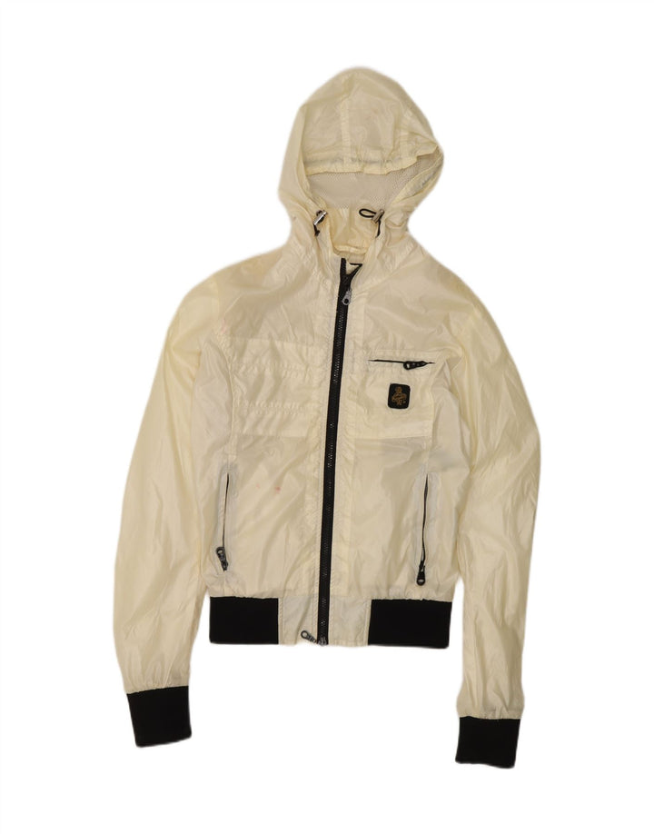 REFRIGIWEAR Womens Hooded Rain Jacket UK 14 Medium Off White Polyamide Vintage Refrigiwear and Second-Hand Refrigiwear from Messina Hembry 