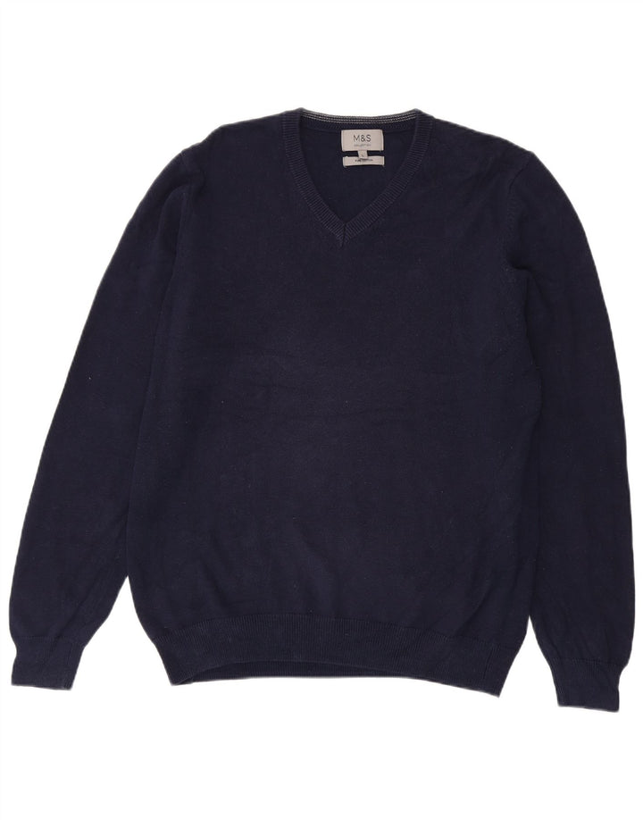 Marks & Spencer Herren-Pullover mit V-Ausschnitt, groß, marineblaue Baumwolle