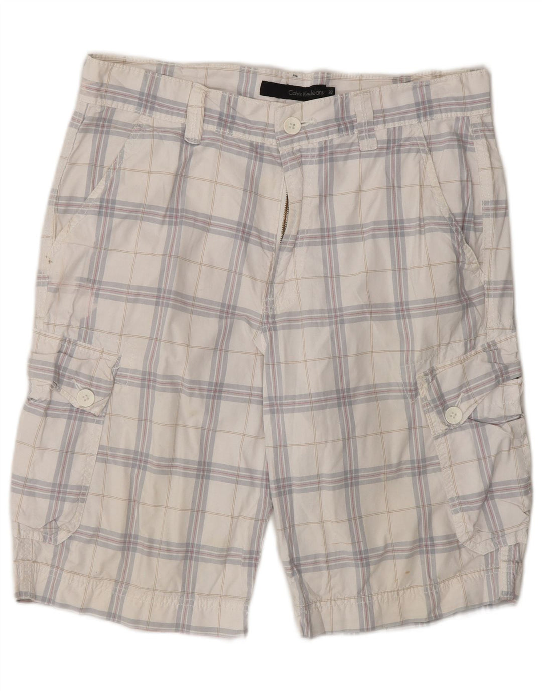 CALVIN KLEIN Herren Cargoshorts W32 Mittelweiß karierte Baumwolle