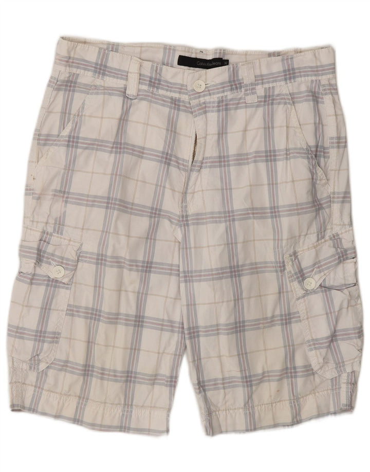 CALVIN KLEIN Herren Cargoshorts W32 Mittelweiß karierte Baumwolle