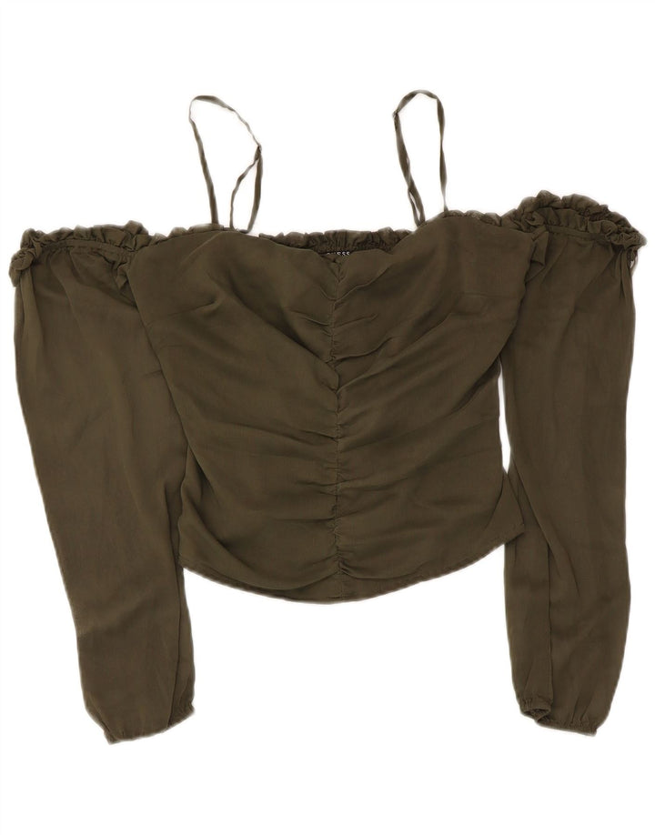 Guess Damen Crop Off Shoulder Top UK 6 XS Khaki Polyester