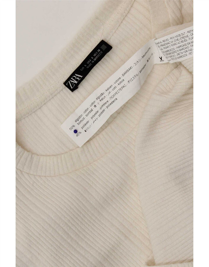 Zara Damen Crop Top Langarm UK 8 Small Off White Baumwolle