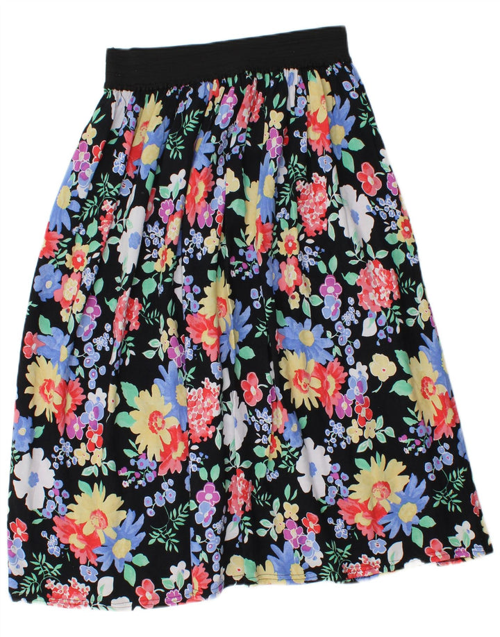 Vintage Damen Midirock W28 Mittelschwarz geblümte Viskose