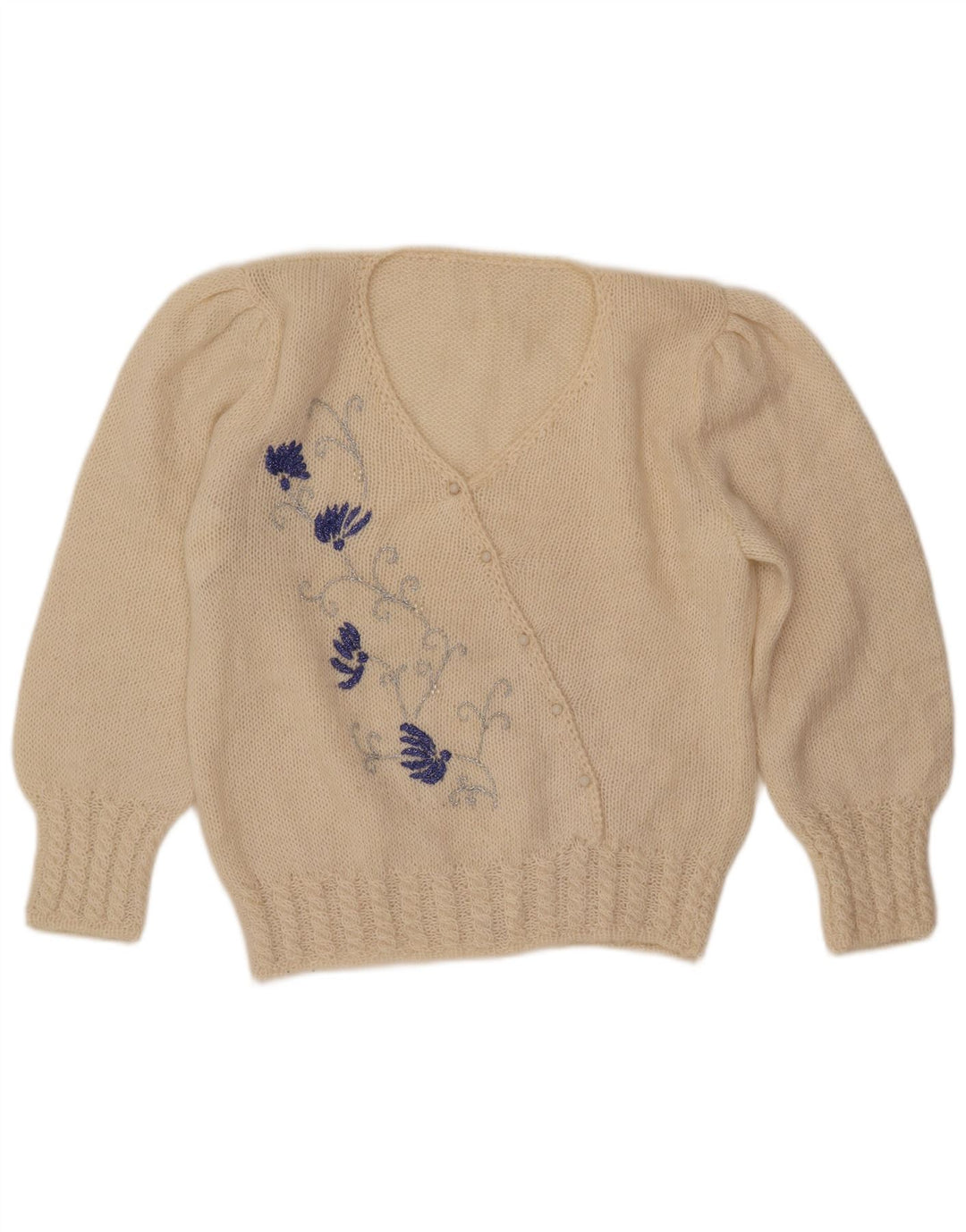 VINTAGE Damen V-Ausschnitt Pullover Pullover UK 16 Large Off White Floral