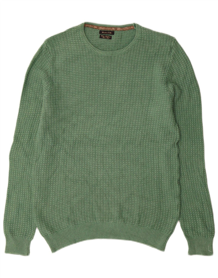 Massimo Dutti Herren-Pullover mit Rundhalsausschnitt, mittelgrüne Baumwolle