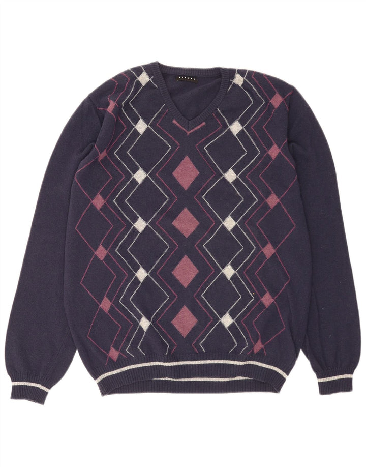 Sisley Herren-Pullover mit V-Ausschnitt, XL, Marineblau, Argyle-/Diamantwolle