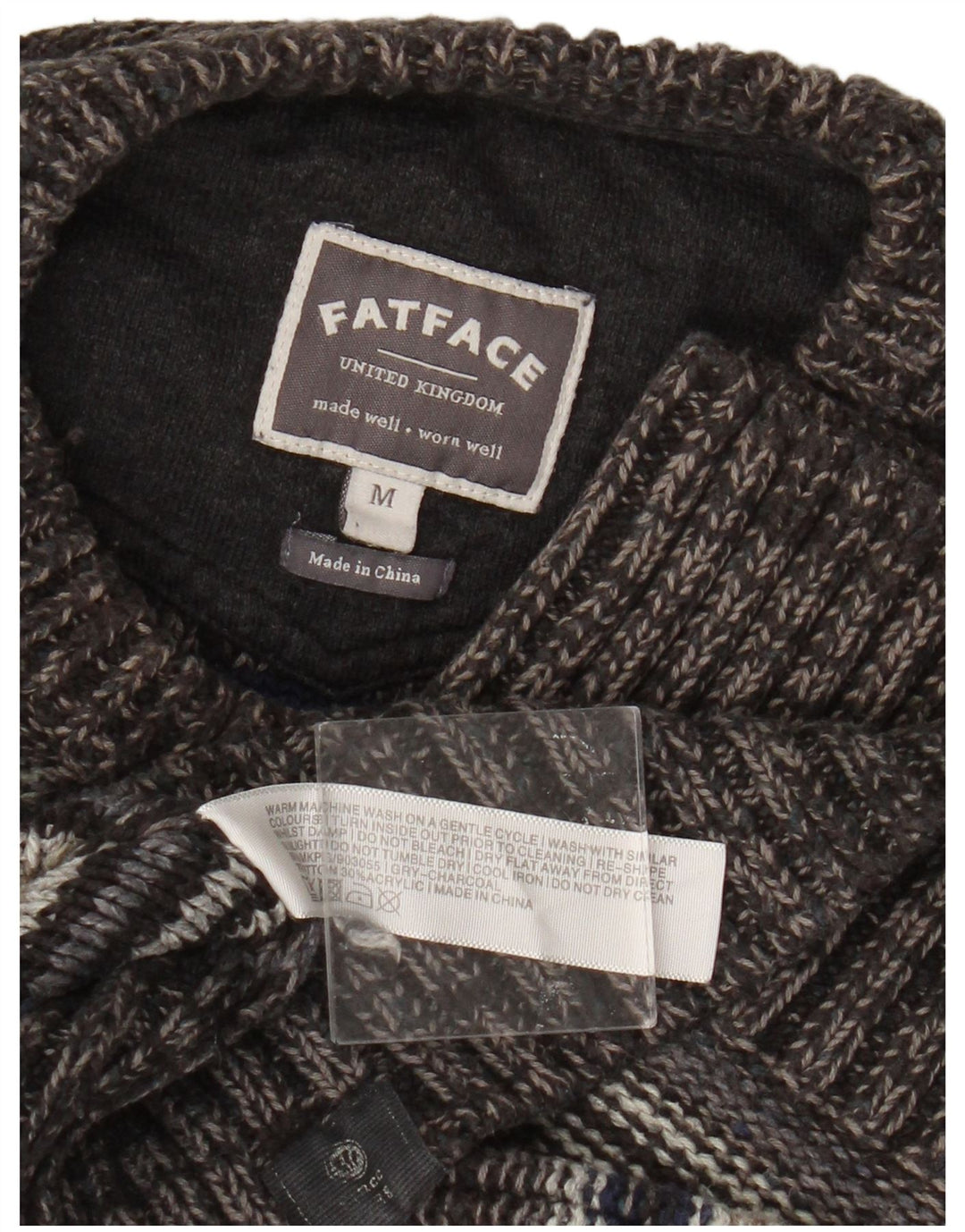 Fat Face Herren-Pullover mit Rundhalsausschnitt, mittelgrau, gestreift, Baumwolle