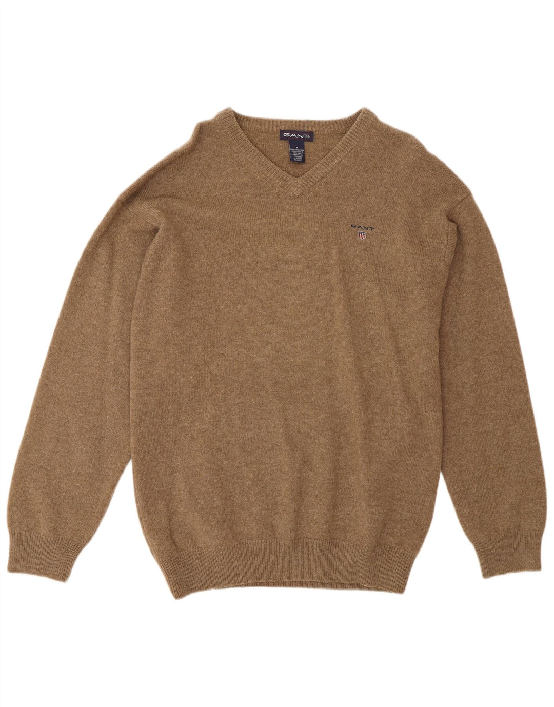 Gant Herren-Pullover mit V-Ausschnitt aus mittelbraun gesprenkelter Lammwolle