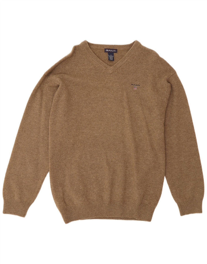 Gant Herren-Pullover mit V-Ausschnitt aus mittelbraun gesprenkelter Lammwolle