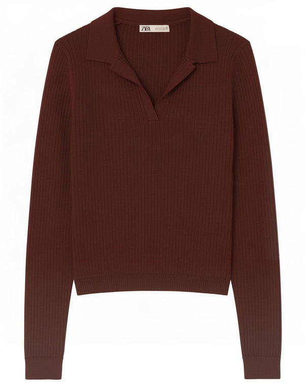 Zara Damen Crop Langarm-Poloshirt UK 8 Small Braune Viskose