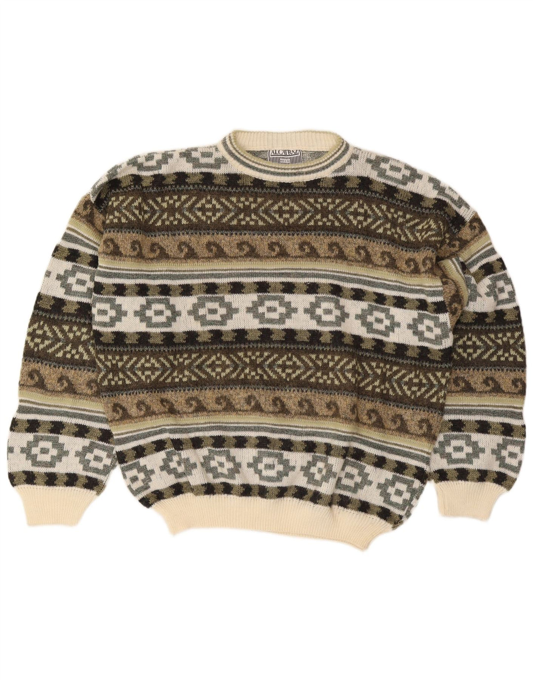 Alcatraz Herren-Pullover mit Rundhalsausschnitt, groß, Khaki, Fair-Isle-Wolle