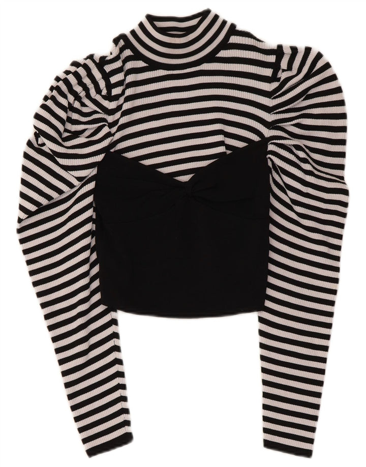 Zara Damen Crop Top Langarm UK 12 Medium Schwarz Gestreifte Viskose