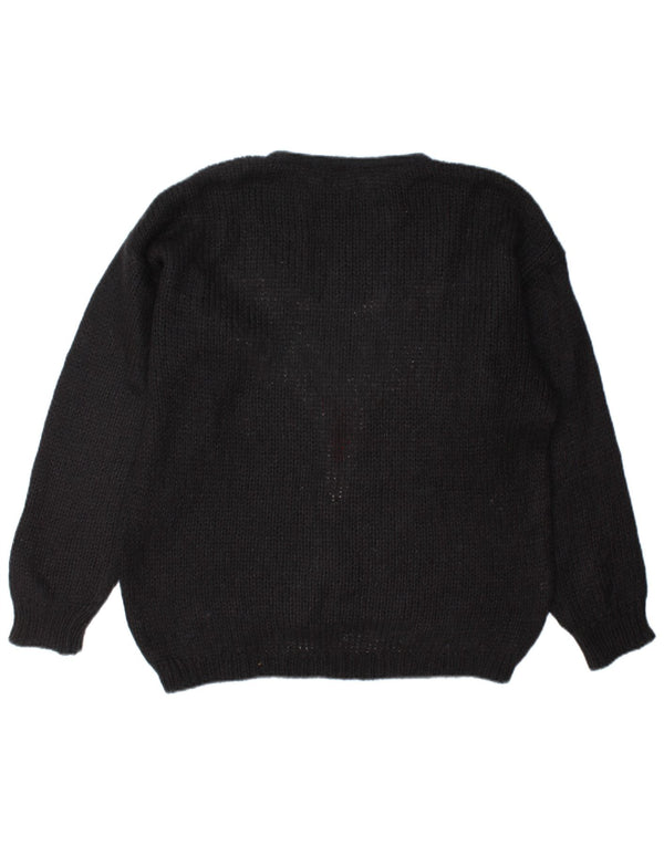 Vintage Damen Pullover mit grafischem Rundhalsausschnitt, Gr. 18, XL, Schwarz, Mohair