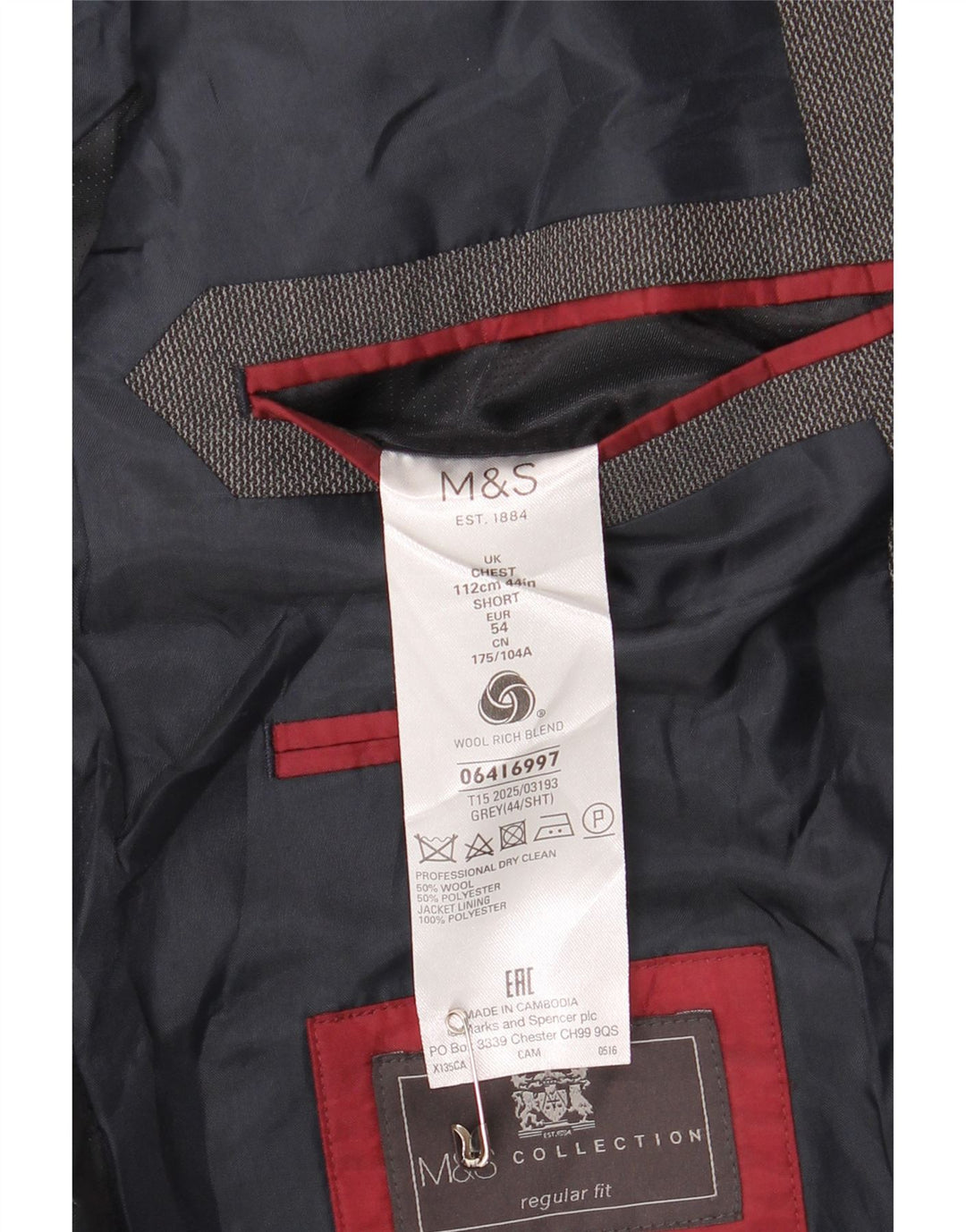 Marks & Spencer Herren-Blazer, kurz, mit 2 Knöpfen, UK 44, XL, graue Wolle
