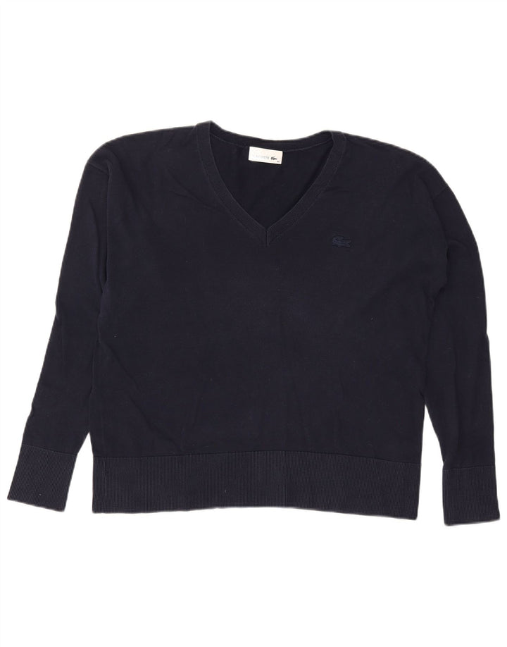 Lacoste Damen-Pullover mit V-Ausschnitt, Größe 40, mittelmarineblaue Baumwolle